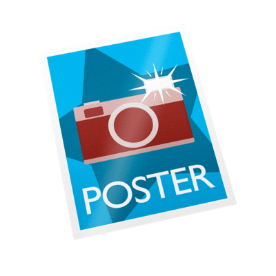 Poster azul com imagem de câmara vermelha e texto POSTER