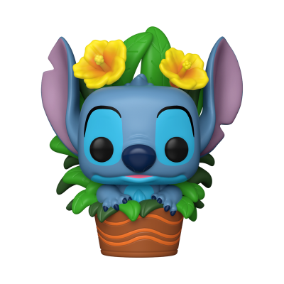 Figurinha de vinil azul de Stitch com flores amarelas e folhas verdes num vaso castanho.