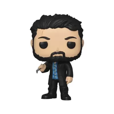 Boneco Funko Pop masculino com casaco preto e camisa azul em fundo branco