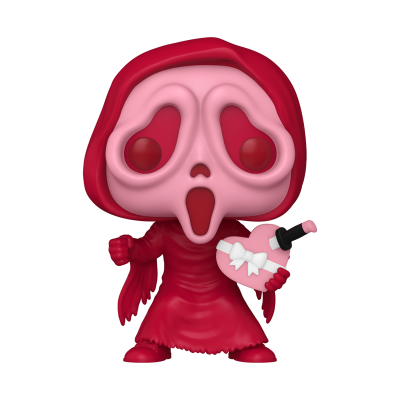 Figura colecionável tipo Funko Pop com máscara rosa e vermelha, vestido vermelho e garrafa em forma de coração