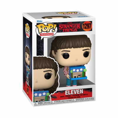 Figura Funko Pop! Eleven da série Stranger Things, dentro da caixa com design branco, preto e vermelho