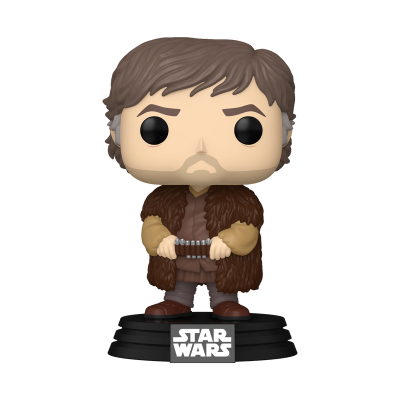 Figura Funko Pop de personagem masculino de Star Wars com casaco castanho de pelos e sabres de luz.