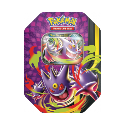 Caixa metálica Pokémon Mega Gengar com cores roxo e ilustrações de personagem