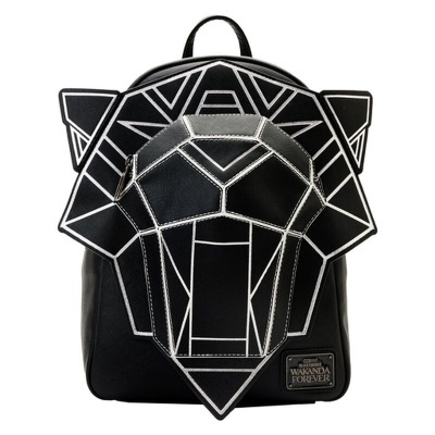 Mochila preta com padrão geométrico branco de cabeça de leão e etiqueta WAKANDA FOREVER