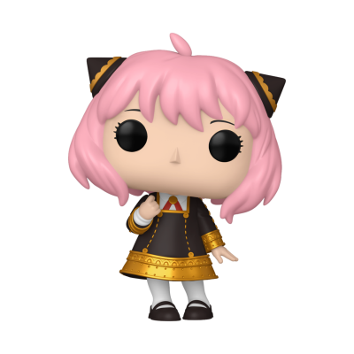 Figurinha Funko Pop com cabelo rosa e vestido preto com detalhes dourados