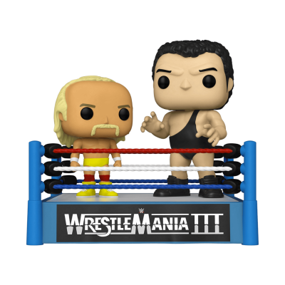 Figuras Funko Pop de wrestling em ringue com inscrição WRESTLEMANIA III