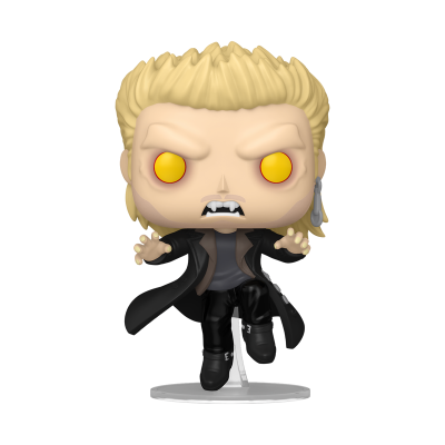 Figura Funko Pop de vinil com cabelo loiro, casaco preto e olhos amarelos