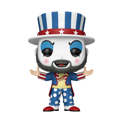 Figurinha Pop Vinyl com chapéu azul, branco e vermelho, rosto pintado e roupa com padrões de estrelas e riscas
