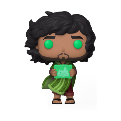 Figura Funko Pop com cabelo preto, olhos verdes, vestuário verde e vermelho, segurando objeto verde.