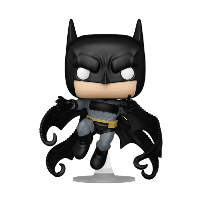 Figura Funko Pop do Batman com traje cinzento e preto e capa preta em voo
