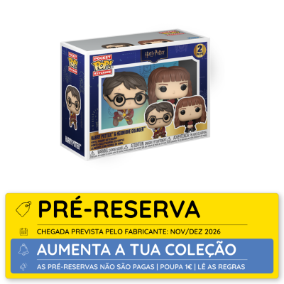 Conjunto de chaveiros de vinil Harry Potter e Hermione Granger em embalagem de cor azul e branca.