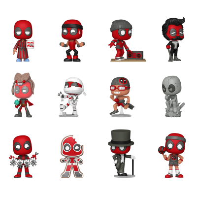 Doze figuras Funko Pop de Deadpool em várias roupas e poses coloridas