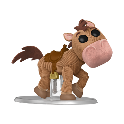Estatueta de cavalo em tecido canelado castanho com sela e base transparente.