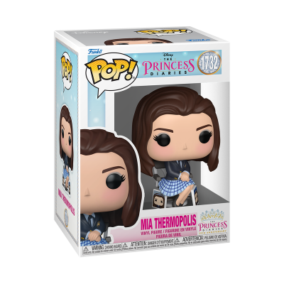 Figura Funko Pop! da Mia Thermopolis sentada, com roupa azul escura e saia xadrez, em embalagem com texto The Princess Diaries, número 1732