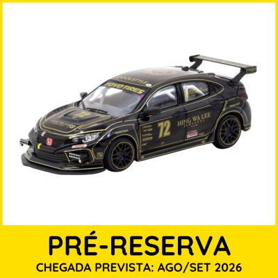 Miniatura de carro preto com detalhes dourados e autocolantes de corrida.