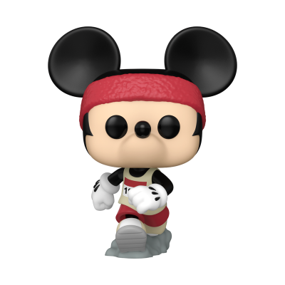 Figura de vinil do Mickey Mouse com fatos de corrida e orelhas grandes.
