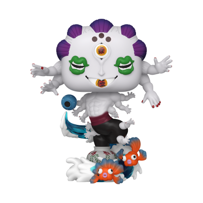 Figura de vinil com várias mãos, pele branca e cabelo roxo, com peixes coloridos ao redor