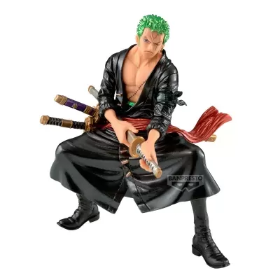 Figura colecionável de personagem anime com cabelo verde e roupa preta segurando katana.