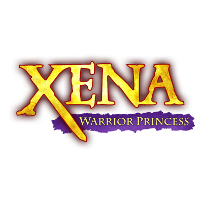 Logótipo amarelo e vermelho de XENA com texto WARRIOR PRINCESS em amarelo sobre fundo roxo