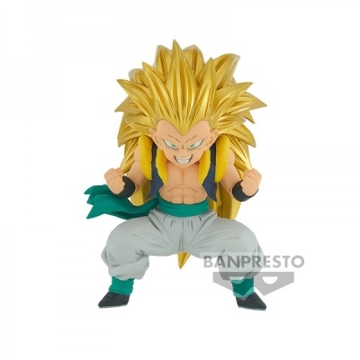 Figura de ação com cabelo amarelo espetado e roupa cinza e verde
