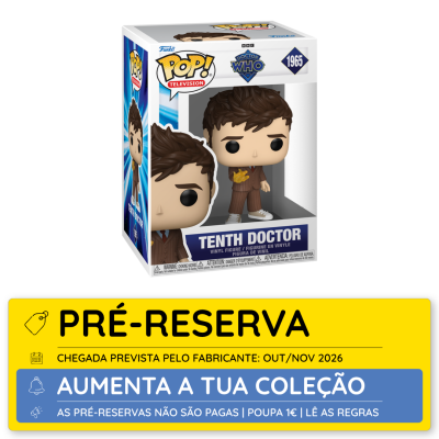 Figura Funko Pop! Tenth Doctor de Doctor Who na embalagem com texto de pré-reserva em amarelo