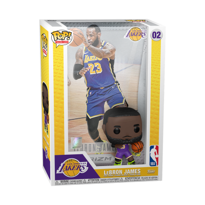 Funko Pop de LeBron James dos Los Angeles Lakers numa caixa amarela com texto e imagem do jogador.