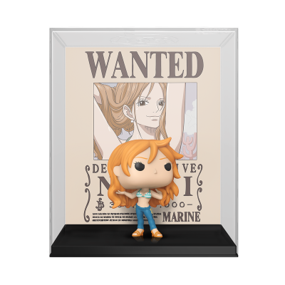 Figura Funko Pop da Nami de One Piece com cartaz WANTED ao fundo numa caixa.