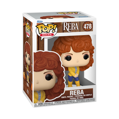 Figura Funko Pop! Rocks Reba com cabelo vermelho, roupa amarela e azul na embalagem.
