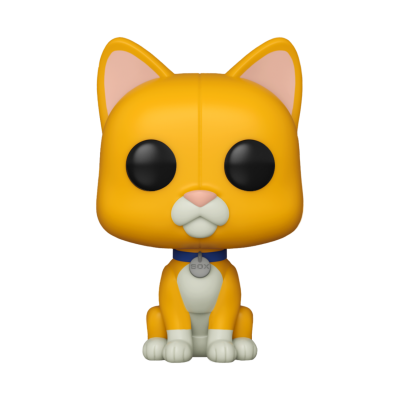 Figura decorativa de gato laranja com coleira azul e medalha