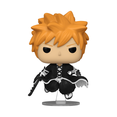 Funko Pop de personagem com cabelo laranja, roupa preta e branca, segurando espada