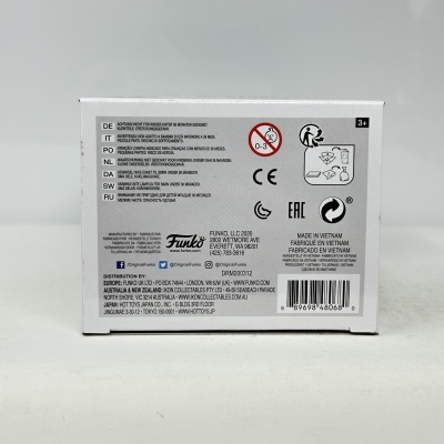 Embalagem branca com texto e símbolos de aviso de segurança e fabrico Funko.