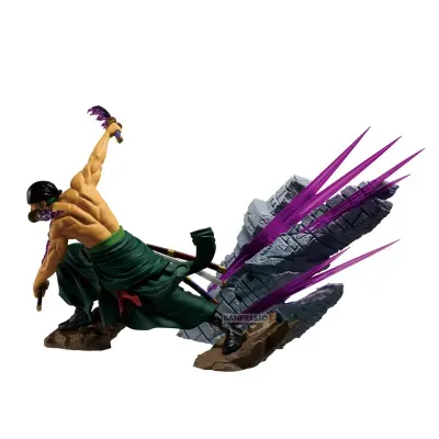 Figura colecionável de personagem masculino em pose dinâmica com base rochosa e cristais roxos