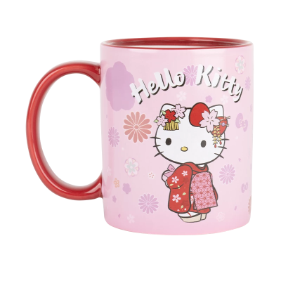 Caneca rosa Hello Kitty com quimono vermelho e flores
