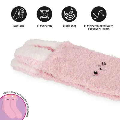 Meia antideslizante rosa felpuda com bordado facial e ícones de características do produto