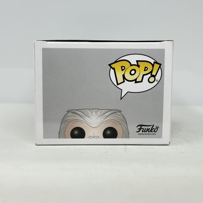 Caixa branca de figura Funko Pop com cabelo cinzento e olhos pretos