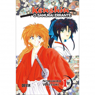 Capa do livro Kenshin O Samurai Errante, volume 1 com dois personagens anime coloridos