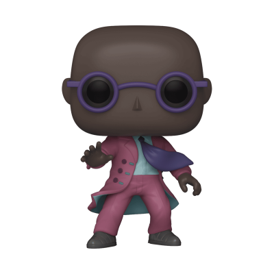Figura colecionável estilo Funko Pop de homem com óculos redondos roxos e roupa cor de rosa e azul