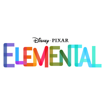 Logótipo colorido Disney Pixar Elemental com letras transparentes em vários tons