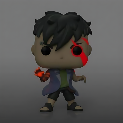 Figura Funko Pop com cabelo preto, pele castanha, roupa azul e verde, calças curtas pretas, sandálias, mão laranja acesa, marca vermelha no rosto