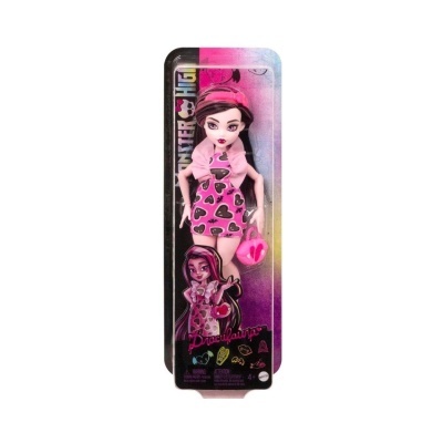 Boneca Monster High com vestido rosa decorado com corações pretos