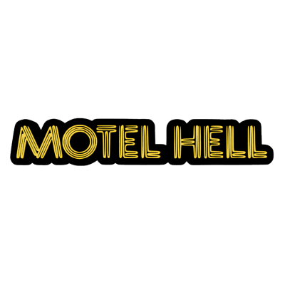 Texto em letras néon amarelas com contorno preto MOTEL HELL
