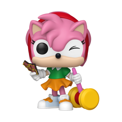 Funko Pop personagem rosa com vestido verde e saia laranja segurando martelo amarelo e cartões