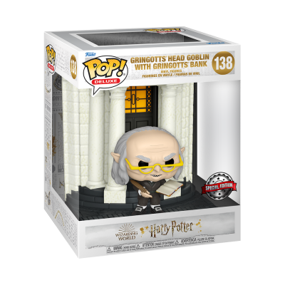 Funko Pop! Deluxe Gringott's Head Goblin with Gringott's Bank com duende e fundo de banco em caixa