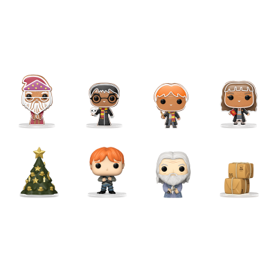 Conjunto de figuras colecionáveis Funko Pop com personagens variados e objetos temáticos, incluindo árvore e caixas.