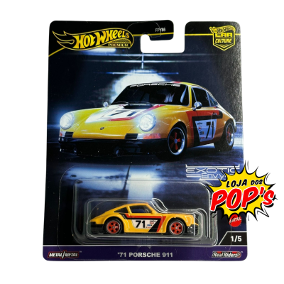 Miniatura de carro Hot Wheels Porsche 911 amarelo com número 71 em embalagem