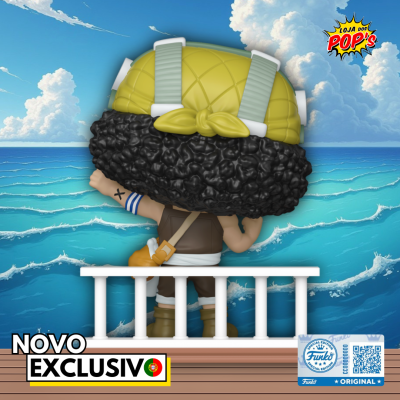 Figurina Funko Pop de costas com cabelo encaracolado preto e chapéu amarelo