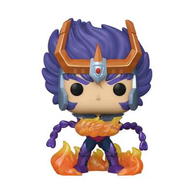 Figura Funko Pop de personagem com cabelo roxo e elmo laranja