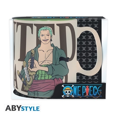 Caneca de cerâmica decorada com personagem One Piece e embalagem