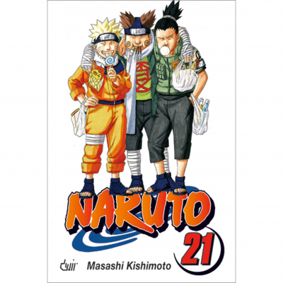 Capa do livro Naruto 21 com três personagens em roupas coloridas