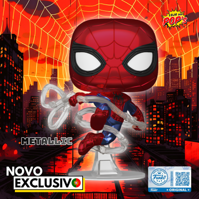 Figura Funko Pop Homem-Aranha metálico em fundo urbano ao pôr do sol